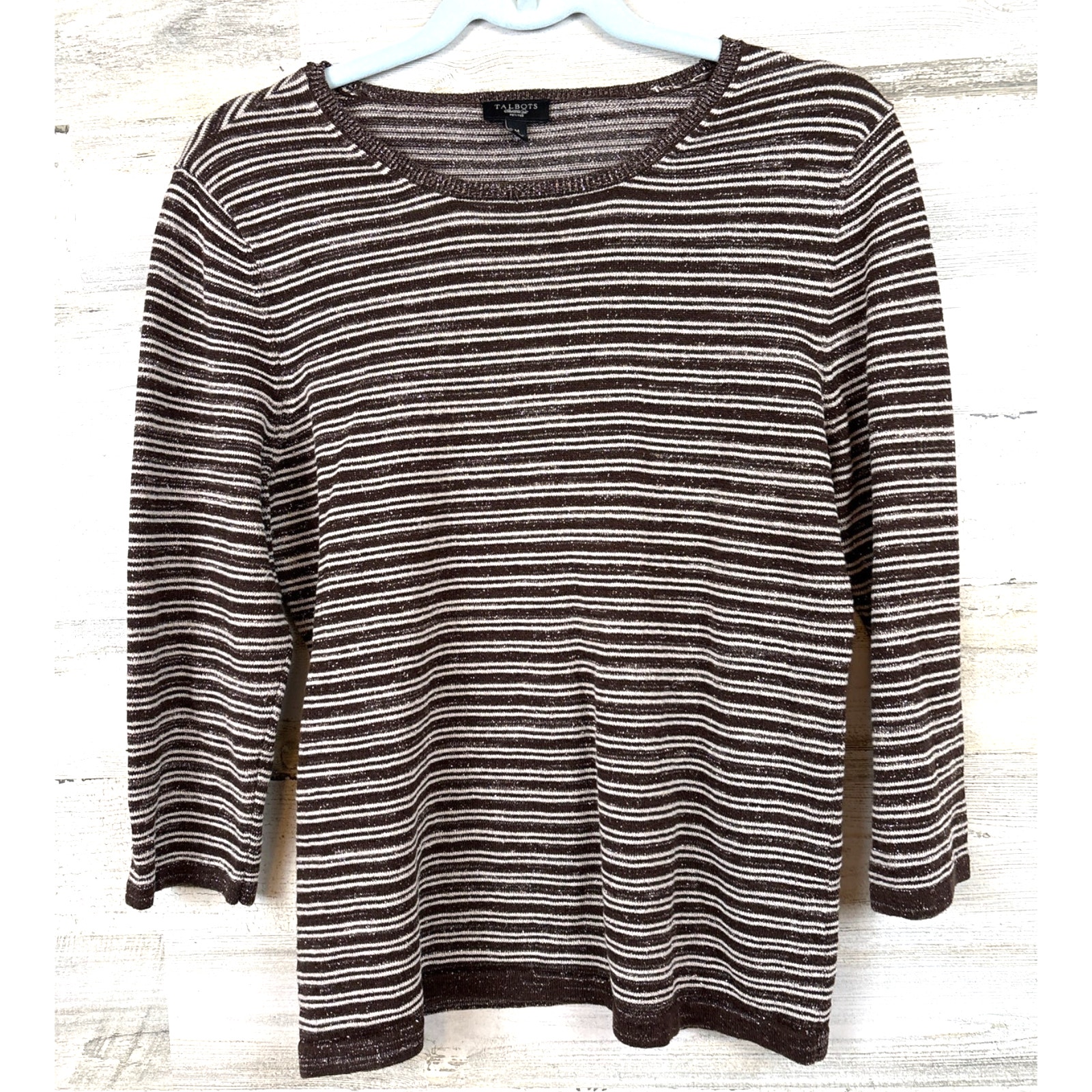 Talbots Brown Stripe Knit Pullover Top Womens M Linen Blend Casual